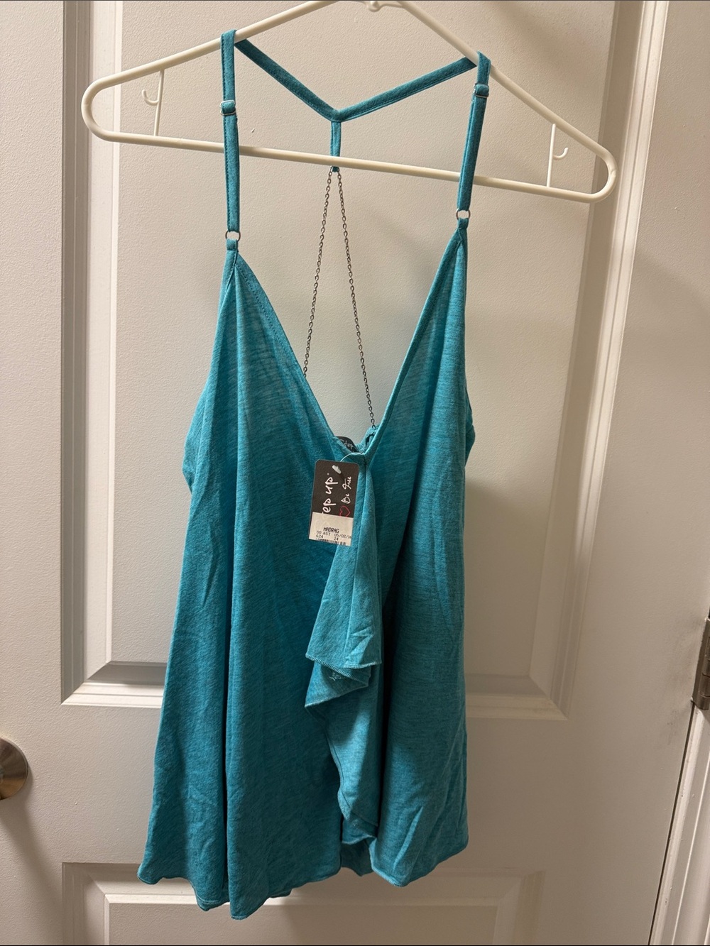 One Step Ahead Teal Ruffle V-Neck Camisole with silver chain detailing